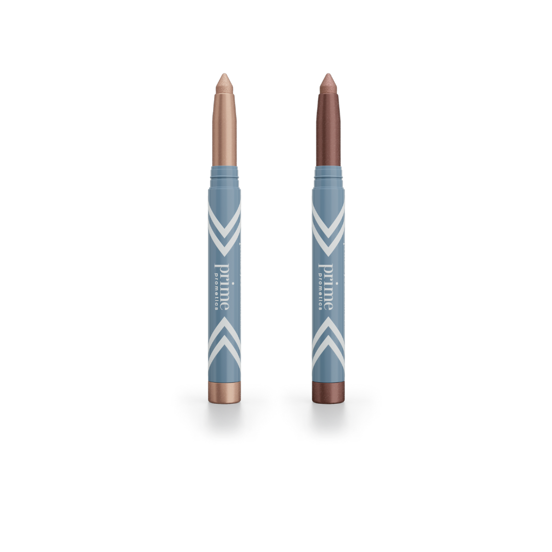 Two PrimePrometics™ 2pcs PrimeEyes Eye Brightener sticks—one in light champagne, the other in deep bronze—stand upright with blue patterned tubes against a white background, ideal for easy, radiant eye care.