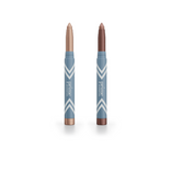 Two PrimePrometics™ 2pcs PrimeEyes Eye Brightener sticks—one in light champagne, the other in deep bronze—stand upright with blue patterned tubes against a white background, ideal for easy, radiant eye care.