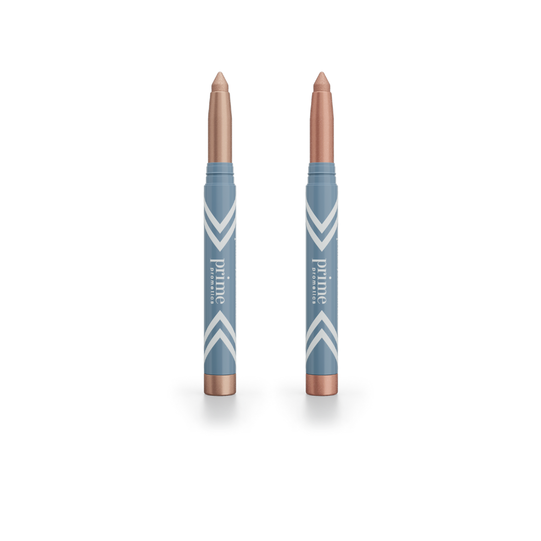 Two blue chevron-patterned sticks with metallic beige tips stand upright—introducing the 2pcs PrimeEyes Eye Brightener by PrimePrometics™, your new essential for luminous, refreshed-looking eyes on a white background.