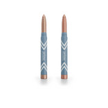 Two blue chevron-patterned sticks with metallic beige tips stand upright—introducing the 2pcs PrimeEyes Eye Brightener by PrimePrometics™, your new essential for luminous, refreshed-looking eyes on a white background.