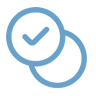 Two overlapping blue circles, with a checkmark inside the left circle. The design is minimalistic and uses thin lines.