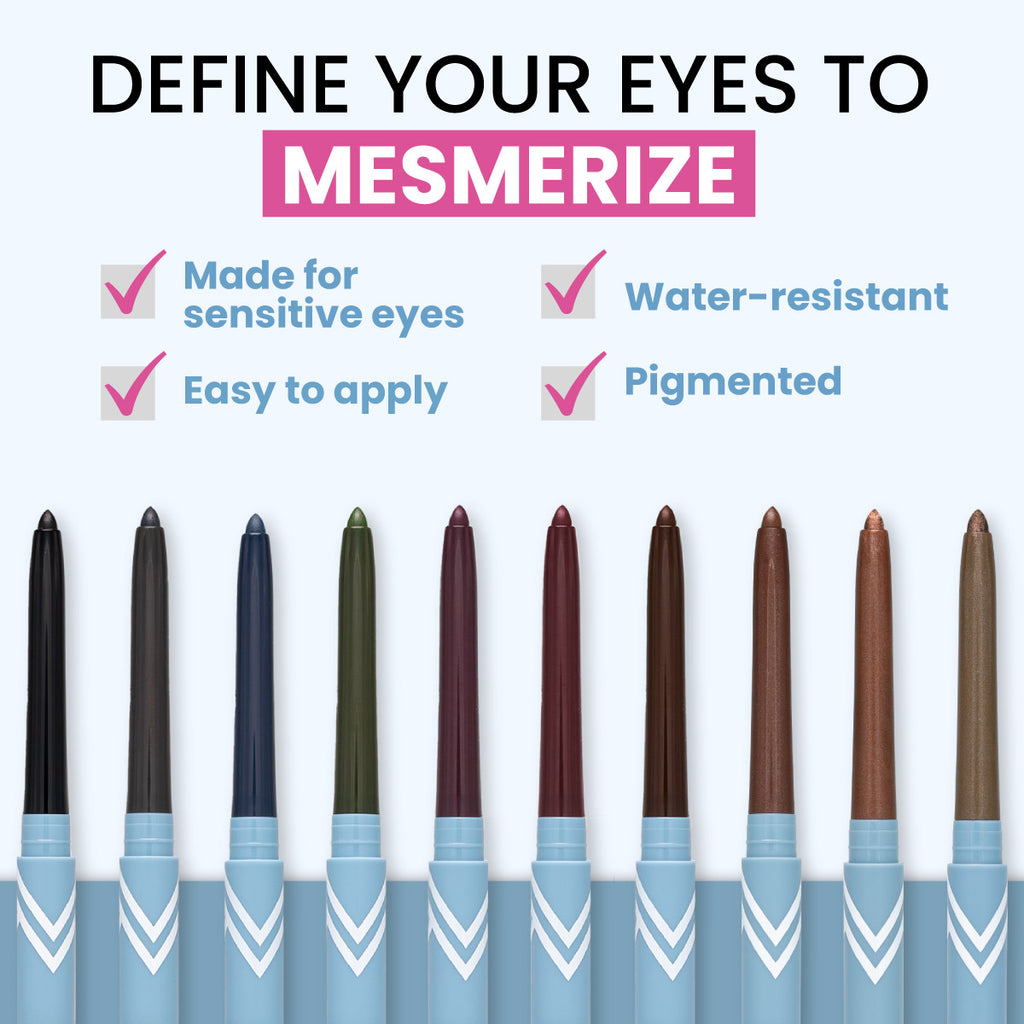Prime Prometics PrimeEyes Glide Eyeliner shade range: made for sensitive eyes, easy to apply, water-resistant, pigmented, with 10 shades shown