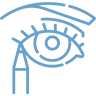 A blue line drawing of an eye with an eyebrow above it and a pencil touching the lower lashes, suggesting eyebrow or eye makeup application.
