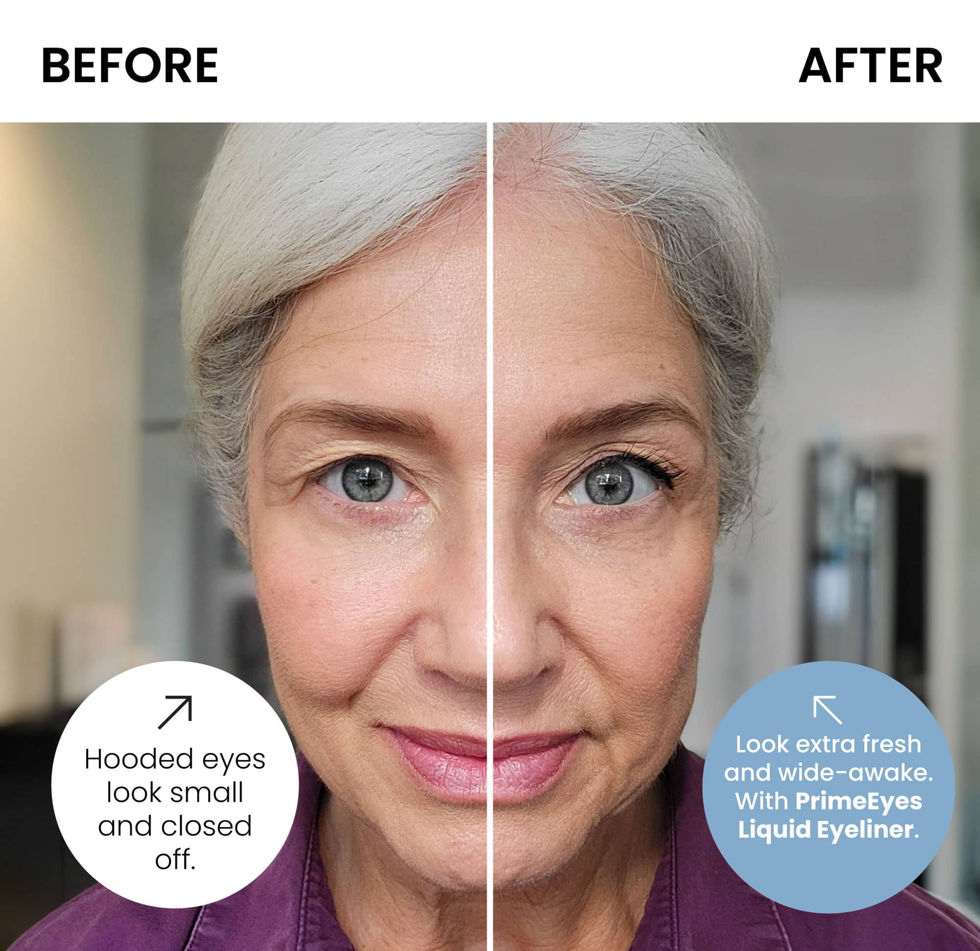 Split-screen image of an older woman’s face, showing a “before” with small, hooded eyes and an “after” with bright, defined eyes using eyeliner. Text bubbles describe the makeup effect.