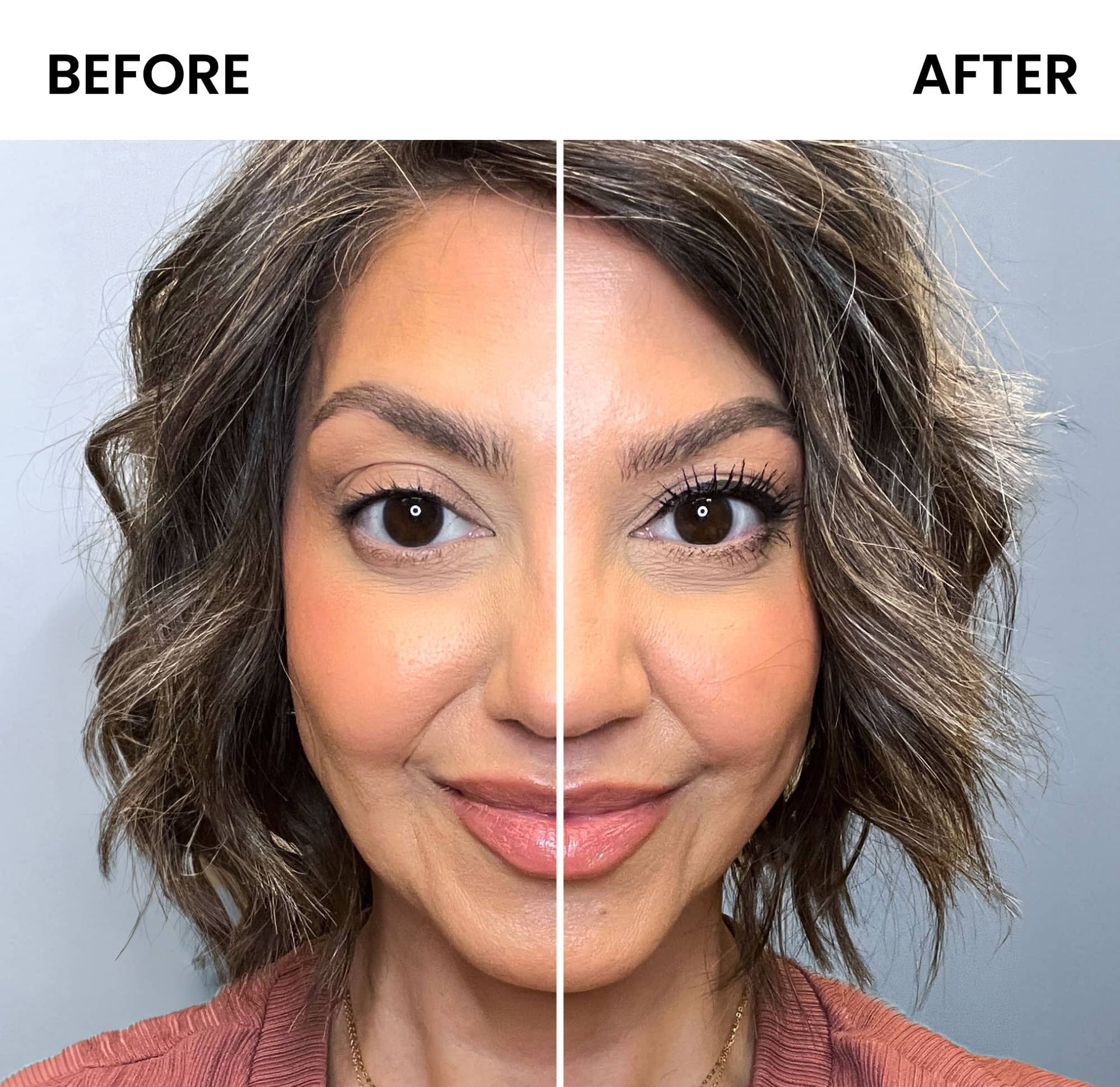 Split-screen image of a woman’s face showing a before-and-after makeup comparison; the left side is natural, while the right side features bold eye makeup, defined lashes, and enhanced brows.