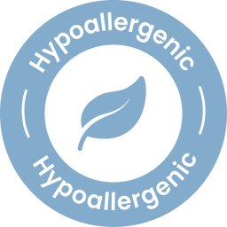 A blue circular badge with a white leaf icon in the center and the word Hypoallergenic written at the top and bottom of the circle.