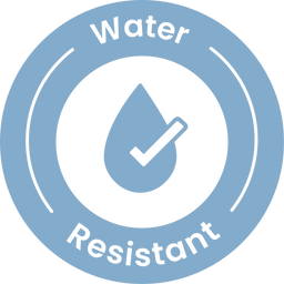 Blue circular badge with a water droplet and a checkmark inside. The words Water Resistant are written around the droplet, indicating the product is resistant to water.
