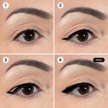 Four-step application of Prime Prometics PrimeEyes Liquid Eyeliner in Kohl, building from small dashes to a defined wing