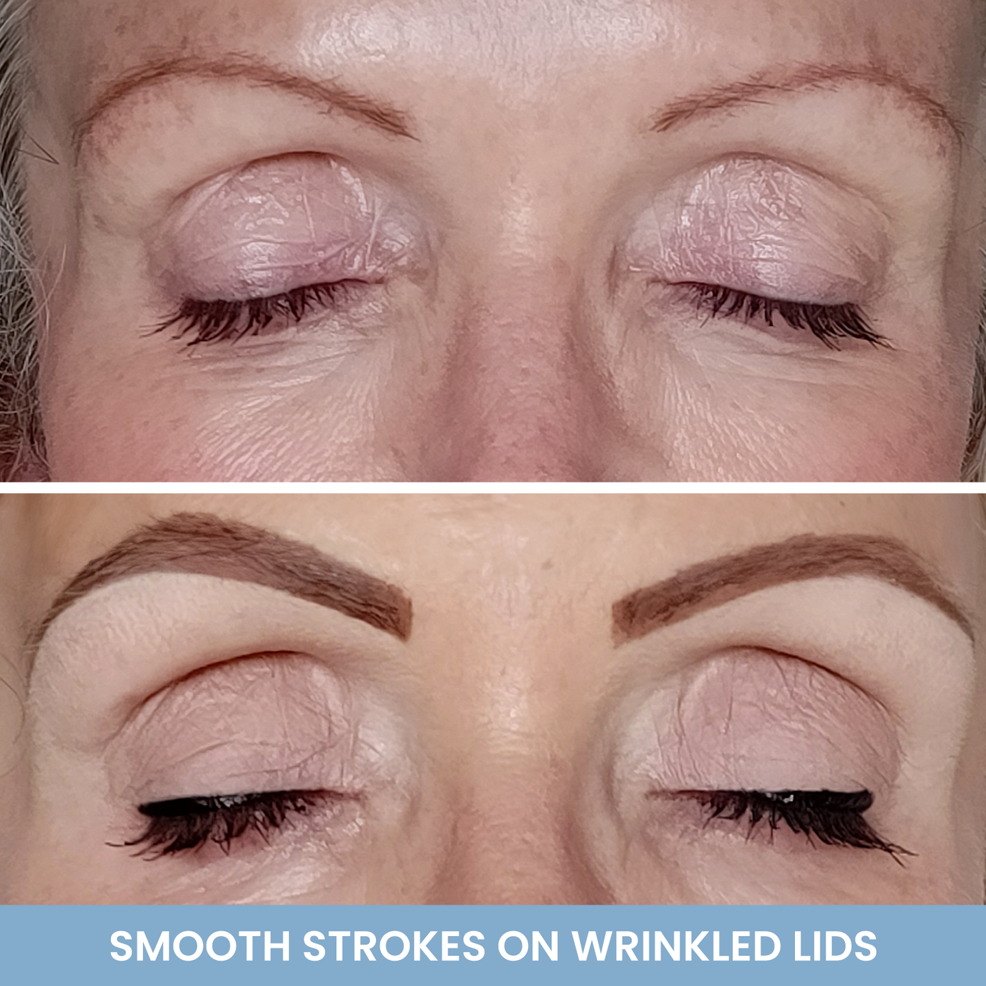 Before-and-after closeup of mature wrinkled lids showing smooth eyeliner strokes from Prime Prometics PrimeEyes Liquid Eyeliner