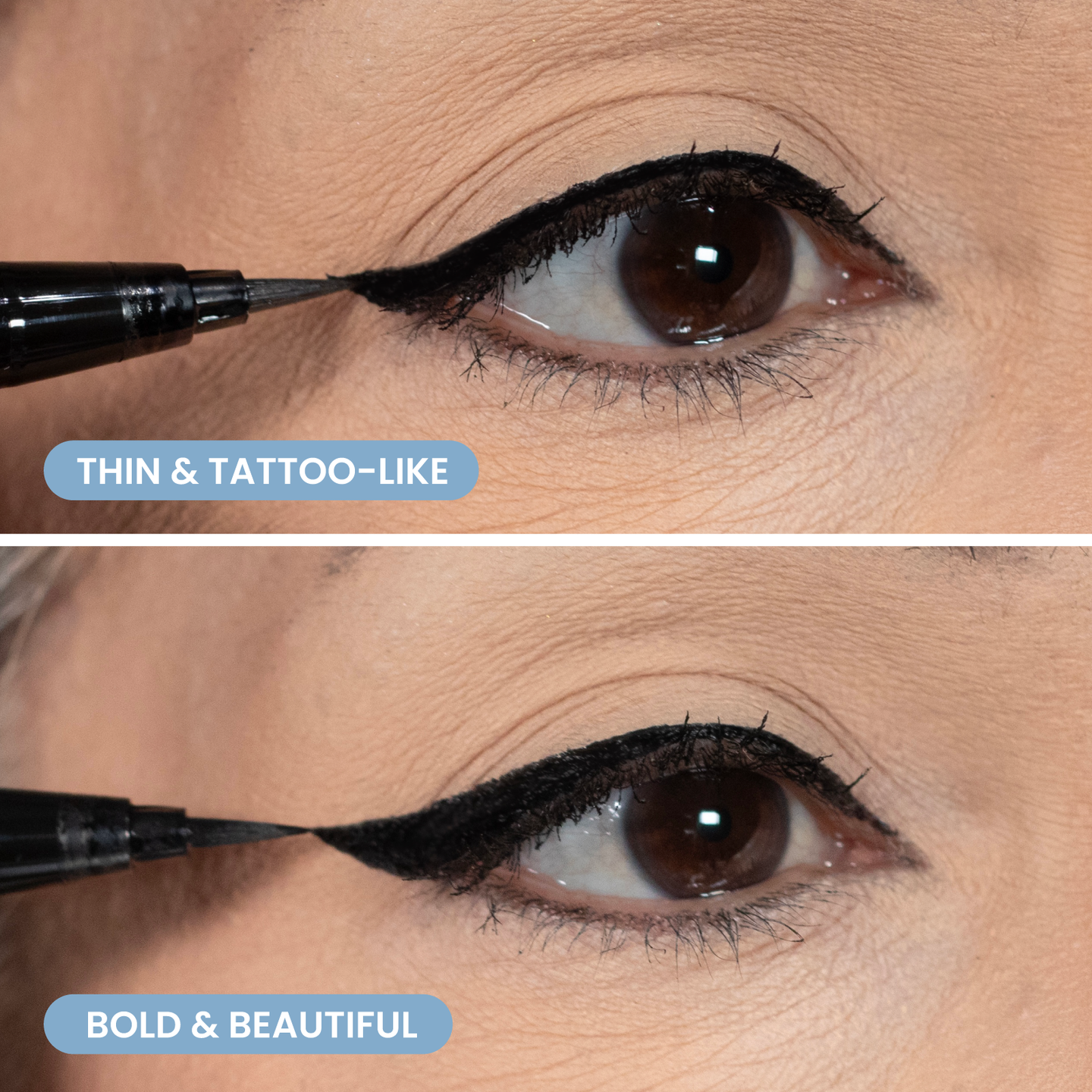 Prime Prometics PrimeEyes Liquid Eyeliner shown two ways on a mature eye: thin and tattoo-like, and bold and beautiful
