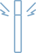 A simple blue icon of a vertical rectangle with rounded corners and two sets of diagonal lines radiating outward from the top on each side, resembling a glowing light or illuminated object.