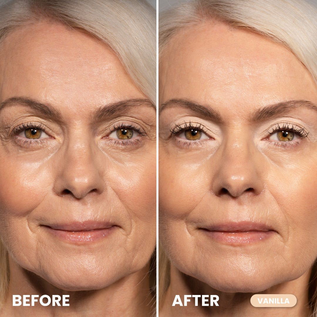 Before and after PrimEyes Eye Brightener applied on mature eye area.