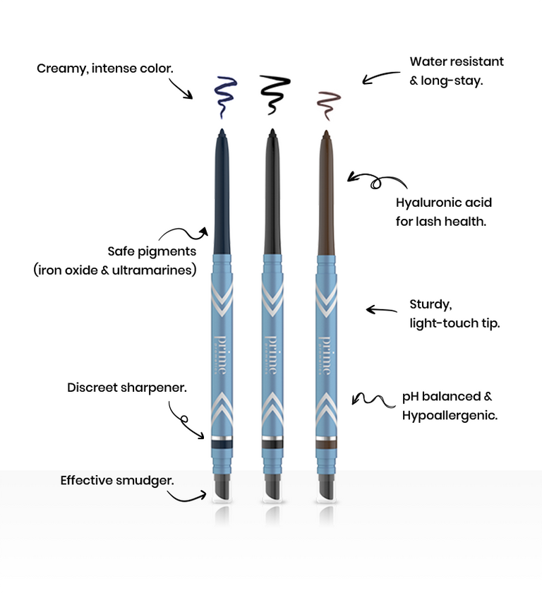 Ecstatic Eyes by PrimePrometics™ includes three retractable eyeliners in light blue barrels with white accents and "prime." Each water resistant liner for mature eyes features a smudger tip and comes in brown, black, or navy blue.