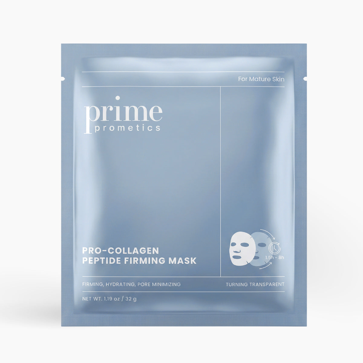 A light blue packet labeled PrimePrometics™ Pro-Collagen Peptide Firming Mask displays icons depicting mask application. The text highlights overnight hydration, firming, hydrating, pore-minimizing benefits, and notes it is specially formulated for mature skin.