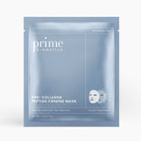 A light blue packet labeled PrimePrometics™ Pro-Collagen Peptide Firming Mask displays icons depicting mask application. The text highlights overnight hydration, firming, hydrating, pore-minimizing benefits, and notes it is specially formulated for mature skin.