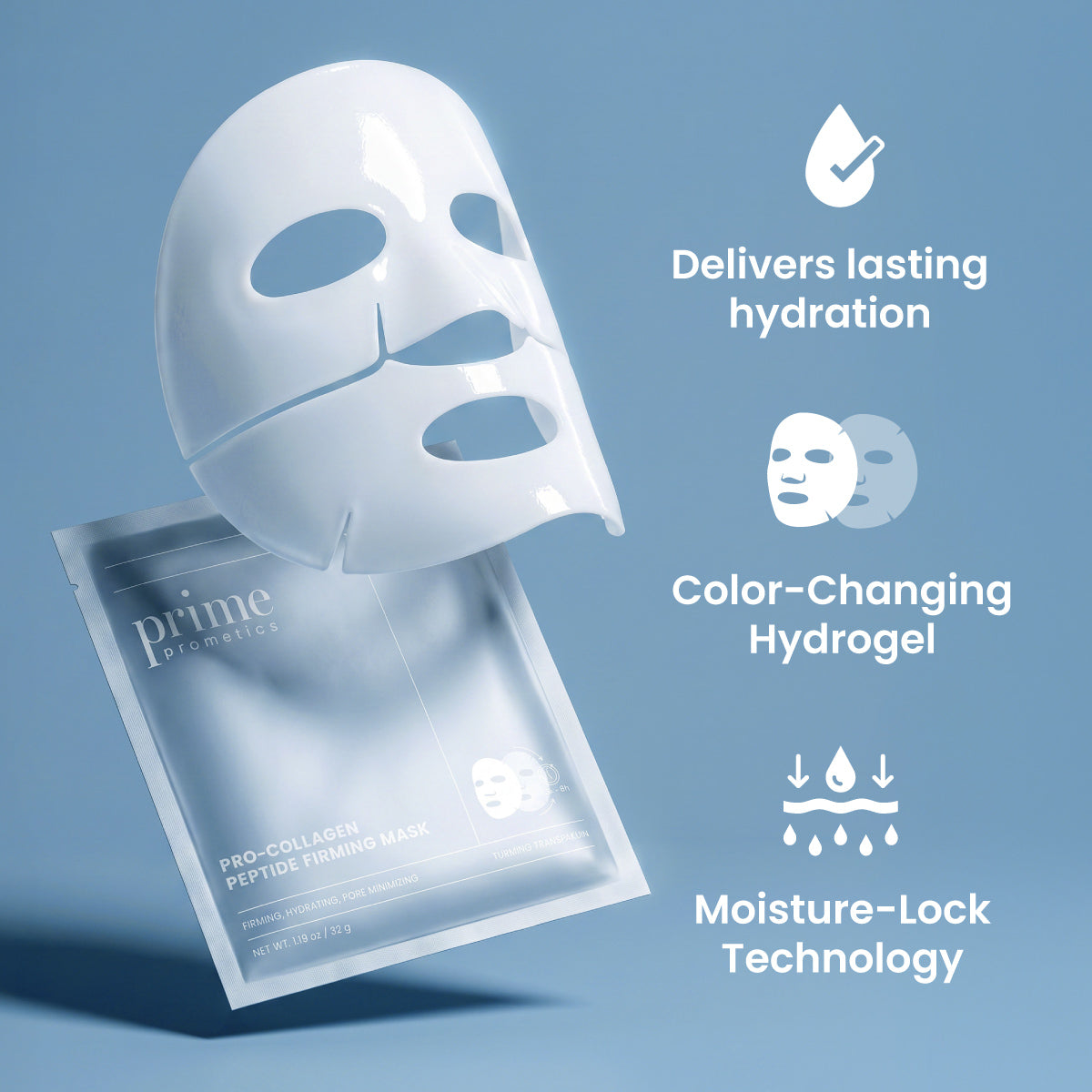 A floating white Pro-Collagen Peptide Firming Mask by PrimePrometics™ hovers above its packaging, with text and icons calling out: Lasting Hydration, Color-Changing Hydrogel, and Moisture-Lock Technology for overnight hydration and mature skin—all set against a blue background.
