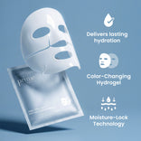 A floating white Pro-Collagen Peptide Firming Mask by PrimePrometics™ hovers above its packaging, with text and icons calling out: Lasting Hydration, Color-Changing Hydrogel, and Moisture-Lock Technology for overnight hydration and mature skin—all set against a blue background.