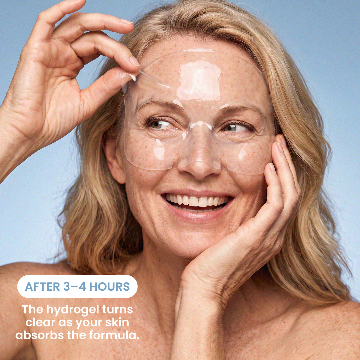 A smiling woman removes the transparent PrimePrometics™ Pro-Collagen Peptide Firming Mask; on-screen text reads, AFTER 3–4 HOURS. As your skin absorbs the overnight hydration formula, the hydrogel turns clear, making it ideal for mature skin.