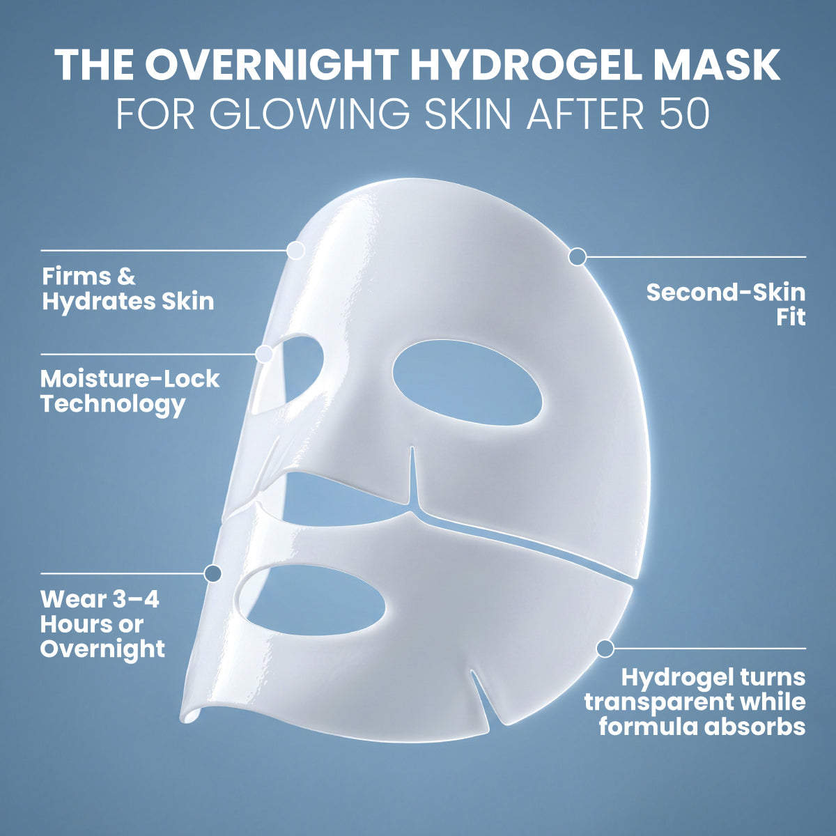 Introducing the PrimePrometics™ Pro-Collagen Peptide Firming Mask—a translucent hydrogel mask specially formulated for mature skin. This innovative mask features moisture-lock technology and a second-skin fit to deeply hydrate and visibly firm your complexion. Wear for 3–4 hours or overnight for intense, long-lasting hydration; watch as the mask turns transparent while the advanced formula is absorbed, delivering transformative results.