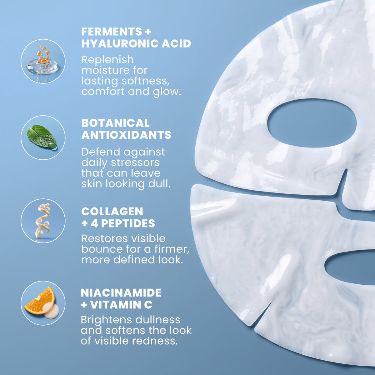 A white Pro-Collagen Peptide Firming Mask from PrimePrometics™ is displayed on a blue background, with accompanying ingredient images and text highlighting its benefits: Hyaluronic Acid for overnight hydration, Botanical Antioxidants, Collagen + Peptides for firmness, and Niacinamide + Vitamin C—ideal for mature skin seeking extra care.