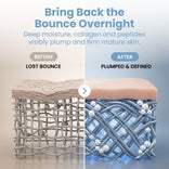 Split image showing a skin cross-section: left half appears thin and saggy, labeled Before: Lost Bounce; right half looks fuller and more structured, labeled After: Plumped & Defined. Text highlights powerful overnight hydration and rejuvenation for mature skin, featuring collagen, peptides, and moisture—key ingredients in the PrimePrometics™ Pro-Collagen Peptide Firming Mask.