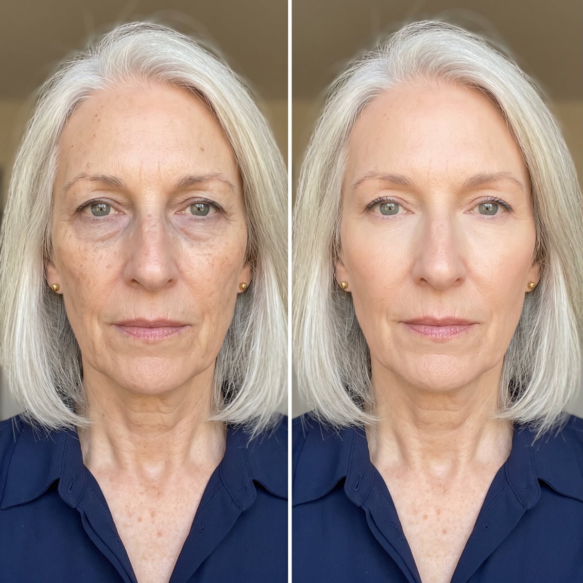 Ein Direktvergleich einer älteren Frau mit grauen Haaren, der ihr Gesicht vor und nach dem Auftragen von Make-up zeigt. Auf der linken Seite ist die natürliche Haut zu sehen, auf der rechten Seite eine glattere Haut mit gleichmäßigem Teint.