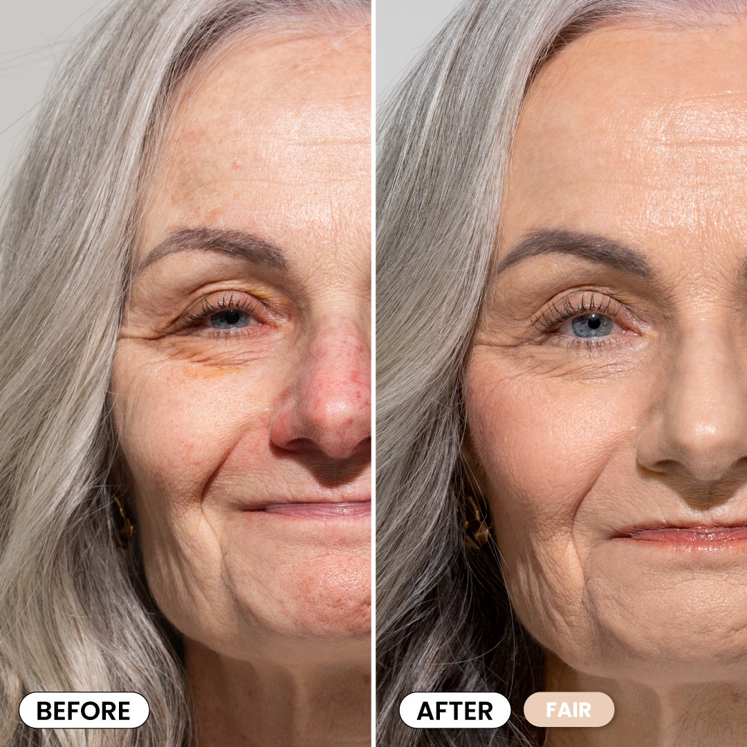 Side-by-side close-up of an older woman’s face showing wrinkles and redness before (left) and smoother, even-toned skin after (right) labeled FAIR, achieved with The Seamless Skin Duo by PrimePrometics™.