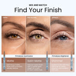 Three eye close-ups showcase PrimePrometics™ 2pcs PrimeEyes Eyeshadow Matte: left displays a soft matte look, middle has a subtle satin matte sheen, and right features radiant shimmer. Makeup applicators appear below each eye.