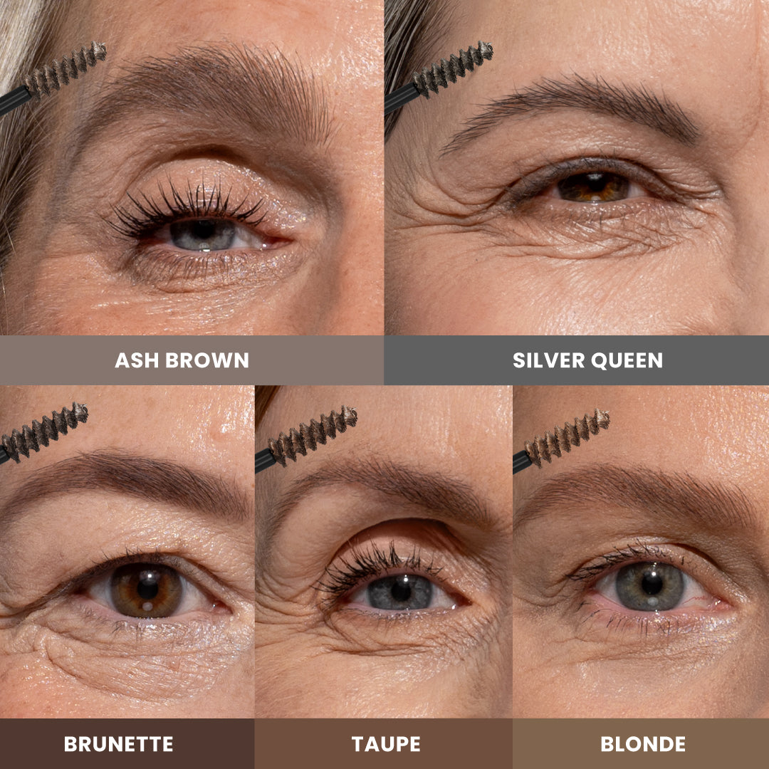 A collage showing five close-up images of eyes with different eyebrow colors: ash brown, silver queen, brunette, taupe, and blonde. Each eyebrow is being brushed with a spoolie brush.