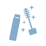 Blue icon of an open mascara tube with a wand next to it, surrounded by three sparkling stars, on a light gray background.