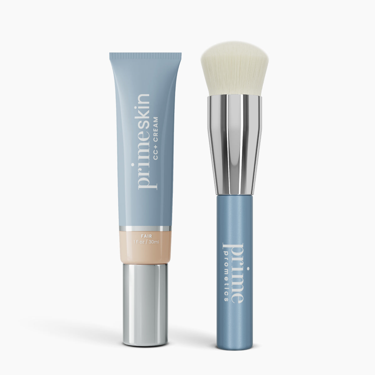 A Flawless Finish Bundle by PrimePrometics™ featuring a blue tube of CC+ Cream in Fair and a matching foundation brush with silver handle and white bristles is displayed on a white background.