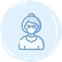 Simple blue line drawing of an elderly woman with glasses and hair in a bun, wearing a round-collared top, on a light blue circular background.