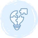 A light bulb illustration made of four interlocking puzzle pieces, with one piece floating slightly above, all outlined in blue on a light blue circular background.
