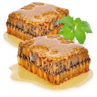 Two pieces of honeycomb dripping with golden honey are arranged on a white surface, accompanied by a sprig of fresh green mint leaves.
