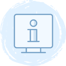 A blue line drawing of a computer monitor displaying a large information icon, represented by a lowercase i, on a light blue circular background.