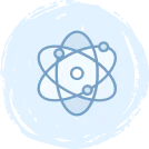 A simple blue line drawing of an atom with three orbiting electrons, centered on a light blue circular background.