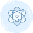 A simple blue line drawing of an atom with three elliptical orbits and three small circles representing electrons, centered on a light blue circular background.