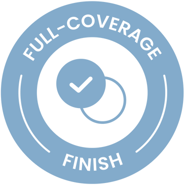 A blue circular badge with the words FULL-COVERAGE at the top and FINISH at the bottom. In the center, there are two overlapping circles, one with a check mark inside.
