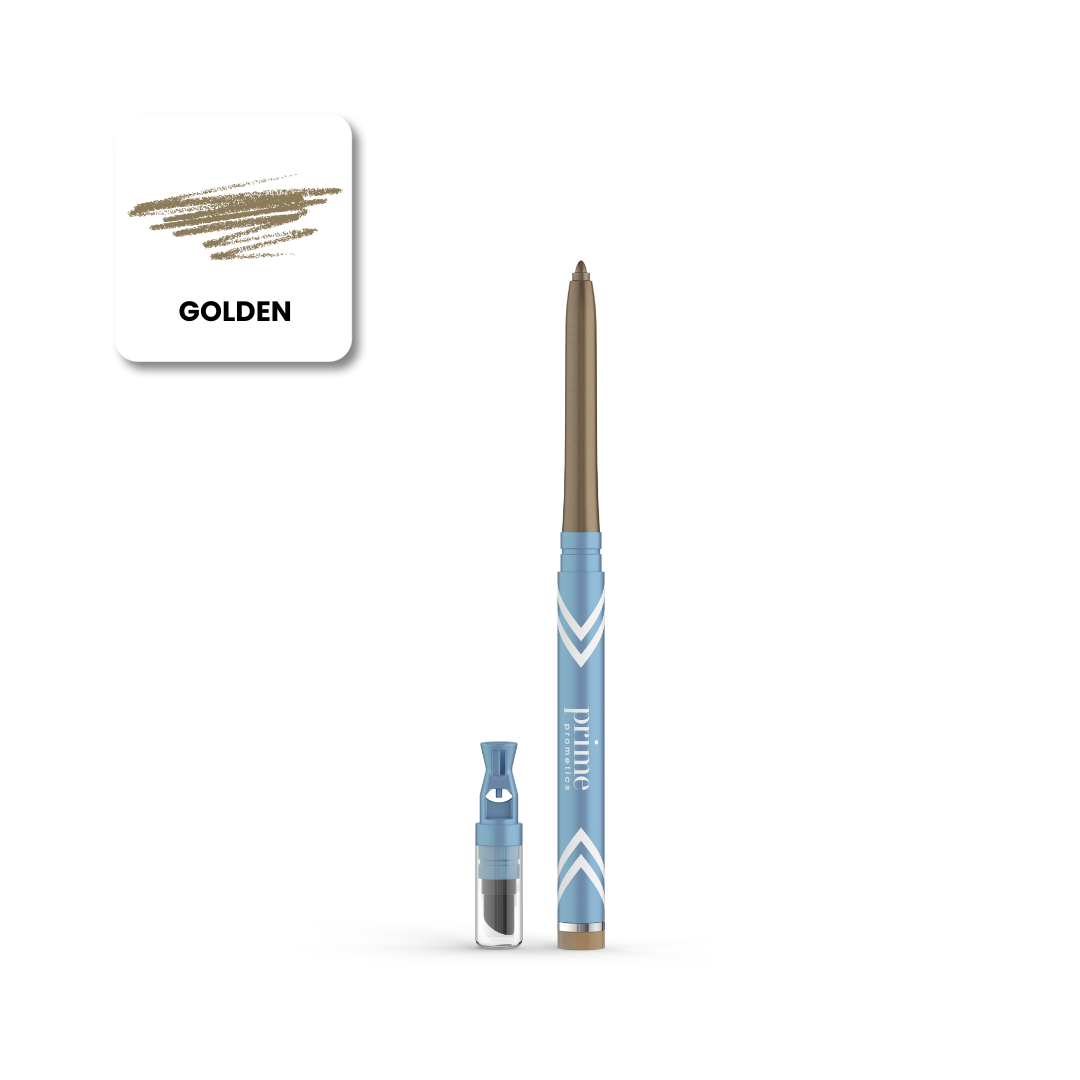 The PrimePrometics™ PrimeEyes Glide *New* Bundle features a smudge-proof gold eyeliner pencil with a blue body, white accents, cap removed, and a small sharpener beside it. A golden swatch labeled “GOLDEN” is shown in the top left corner.