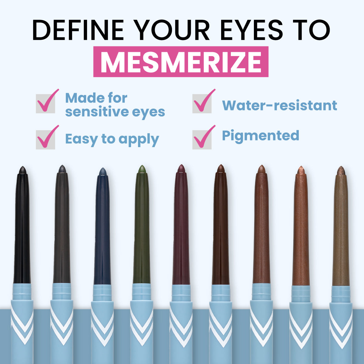 Prime Prometics PrimeEyes Glide Eyeliner shade range: made for sensitive eyes, easy to apply, water-resistant, pigmented, with 9 shades shown