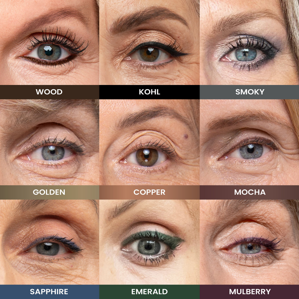 Prime Prometics PrimeEyes Glide Eyeliner shown on mature eyes in nine shades: Wood, Kohl, Smoky, Golden, Copper, Mocha, Sapphire, Emerald, and Mulberry
