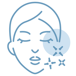 Blue line drawing of a womans face with closed eyes and smooth skin, featuring sparkling symbols and a blue circle on her cheek, suggesting skincare or facial treatment.