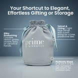 Prime Velvet Gift Bag for elegant, effortless gifting or storage: silky double-ribbon drawstring, light-blue velvet with soft lining, and perfectly sized at 12 by 19.5 cm