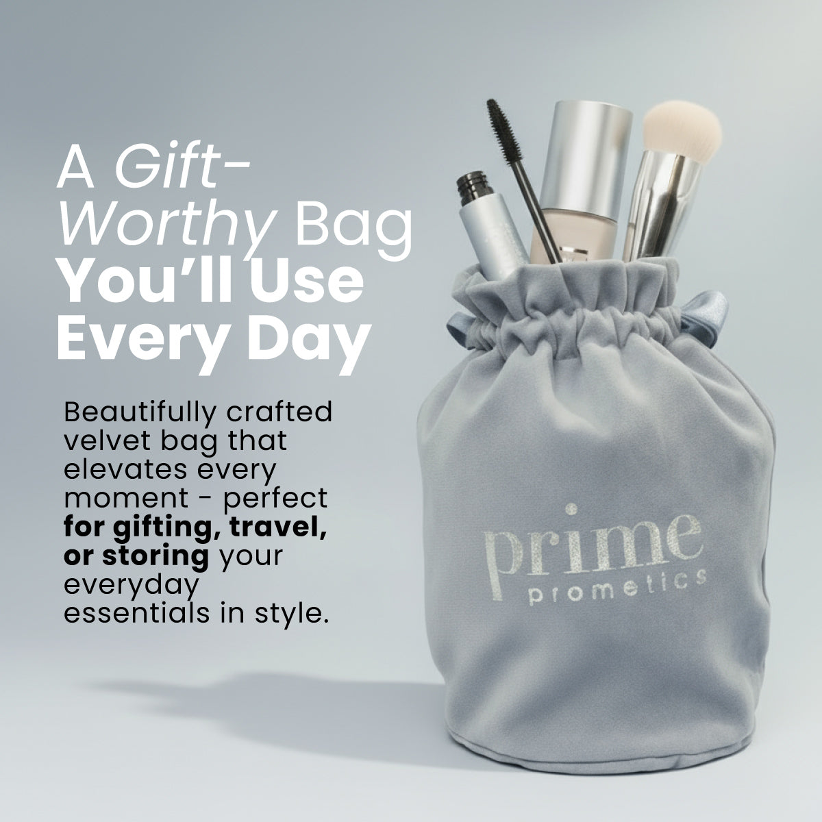 A gift-worthy Prime Velvet Bag for gifting, travel, or storing everyday essentials, shown filled with mascara, foundation, and a brush