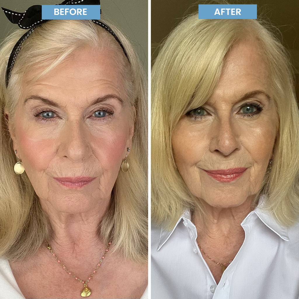 Before-and-after of a mature blonde woman with bare eyes and a defined Prime Prometics PrimeEyes Glide Eyeliner look