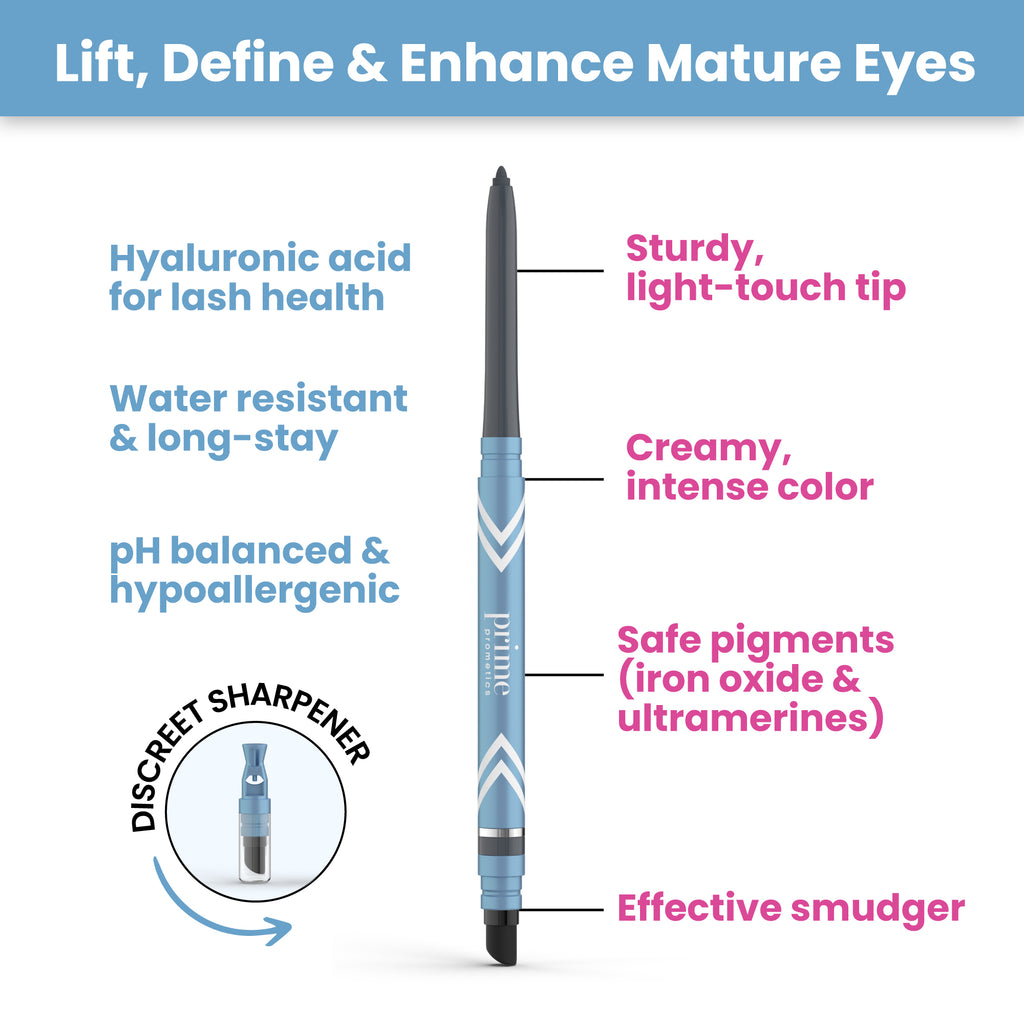 Prime Prometics PrimeEyes Glide Eyeliner: hyaluronic acid for lash health, water-resistant long-stay, pH balanced and hypoallergenic, sturdy light-touch tip, creamy intense color, safe iron oxide and ultramarine pigments, with effective smudger and discreet sharpener