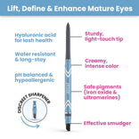 Experience the Prime Heroes Set from PrimePrometics™—a blue eyeliner pencil featuring hyaluronic acid, water resistance, a pH-balanced formula, sturdy tip, creamy color payoff, safe pigments, an effective smudger, and a discreet sharpener. Displayed on a white background with colorful text highlighting these features. For a striking eye look, pair it with your favorite PrimeLash Mascara or PrimeEyes Glide.