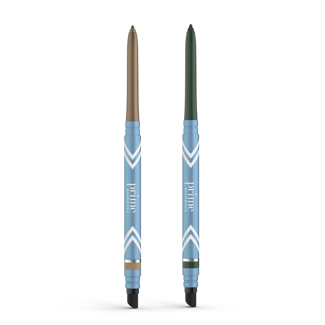 The PrimePrometics™ 2pcs PrimeEyes Glide Eyeliner features twist-up, water-resistant pencils with blue and white chevron barrels—one brown, one dark green—both with black smudger ends for pro-age application on mature eyelids.