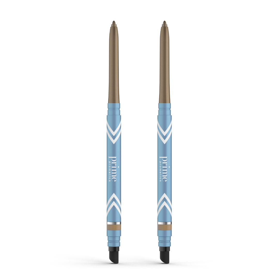 Two blue PrimePrometics™ PrimeEyes Glide Eyeliners with white chevrons and "prime" printed on the side, brown tips, and black caps—ideal pro-age eyeliner for mature eyelids—stand upright against a white background.