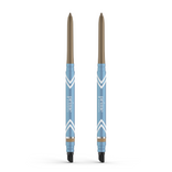 Two blue PrimePrometics™ PrimeEyes Glide Eyeliners with white chevrons and "prime" printed on the side, brown tips, and black caps—ideal pro-age eyeliner for mature eyelids—stand upright against a white background.